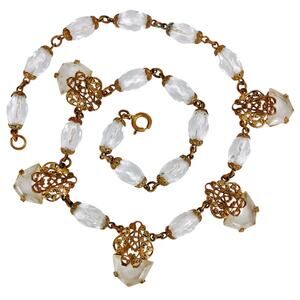 Antique Art Deco Filigree Glass Station Necklace Gold Tone Brass Faceted 1930s